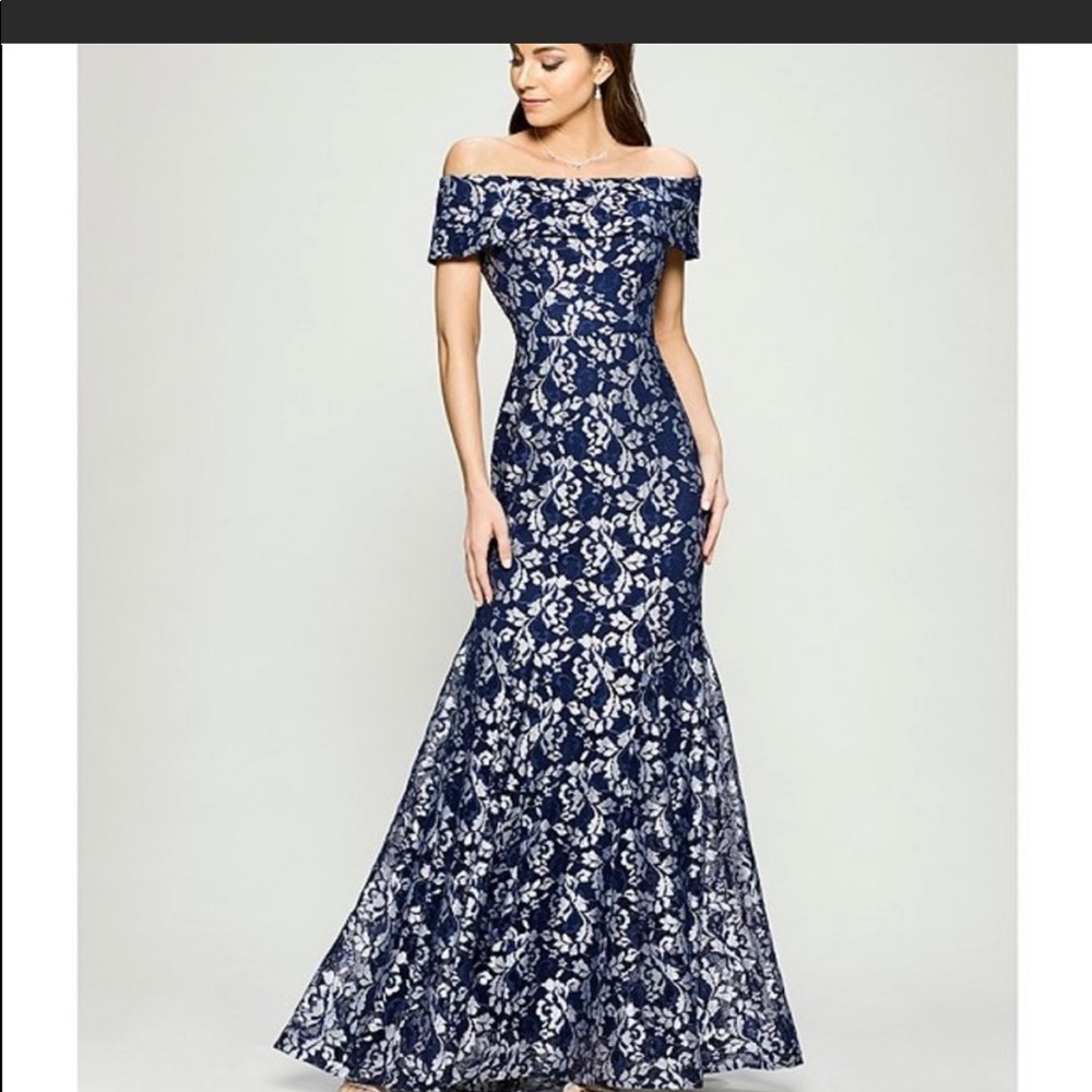 Betsy & Adam Off Shoulder Lace Mermaid Gown